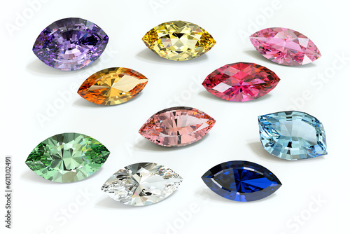Various marquise-cut gemstones on white background photo