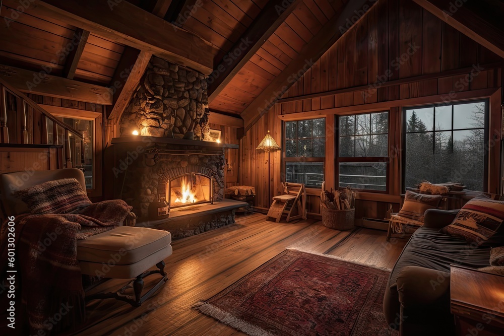 cozy cabin retreat with open flames and crackling fire in the fireplace, created with generative ai cozy cabin retreat with open flames and crackling fire in the fireplace, created with generative ai