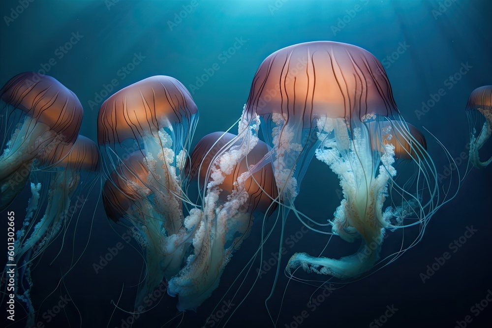 Naklejka premium jellyfish swimming in a school, their tentacles undulating gracefully, created with generative ai