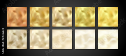 Shiny Gold seamless foil patterns set. Golden metallic backgrounds, elegant gradient mesh gold papers collection. Bronze, copper, white gold, brass, yellow metal design elements for web, decor, cover.