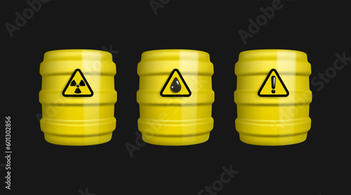 Yellow metal barrels with danger signs. Radiation symbol, oil sign and hazardous substances sign. 3D vector objects