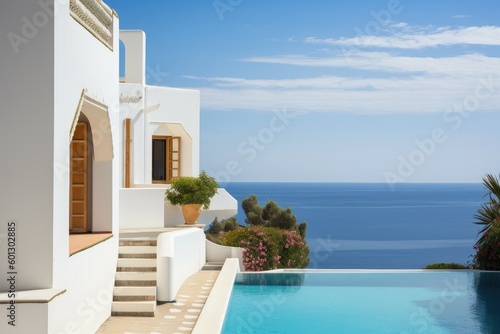 mediterrnean house exterior, with view of the sea or pool in the background, created with generative ai