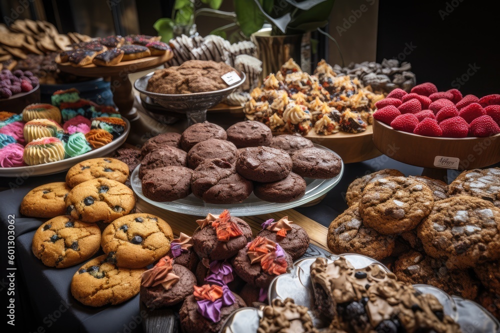 a display of colorful and decadent gluten-free and vegan baked treats, created with generative ai
