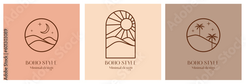 Linear emblems with abstract mountain landscapes in boho style. Travel logos with mountains or desert dunes. Night sky, moon and stars. Modern bohemian icons or symbols, oriental outline branding	