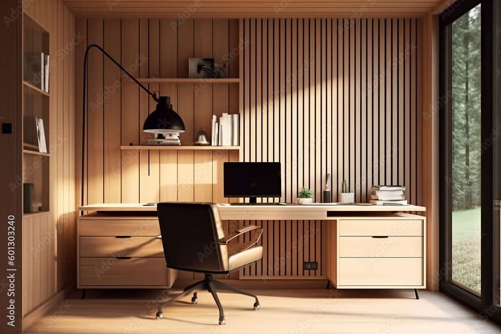 Fototapeta premium Modern light workroom illustration with wooden paneling.