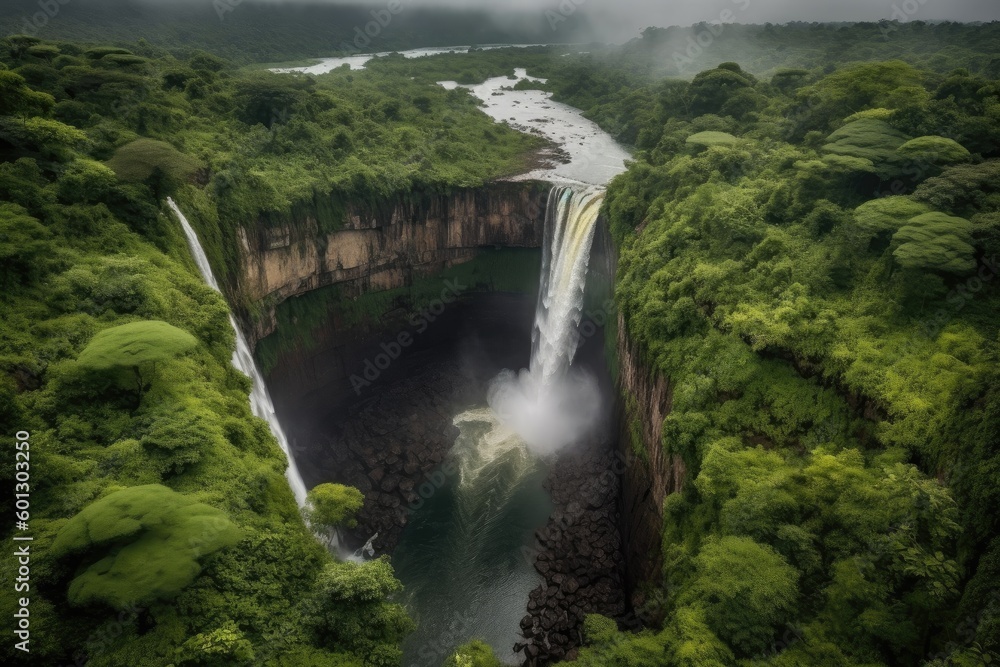 dramatic waterfall scenes shot from above, with the water cascading down into a pool below, created with generative ai dramatic waterfall scenes shot from above, with the water cascading down into a pool below, created with generative ai