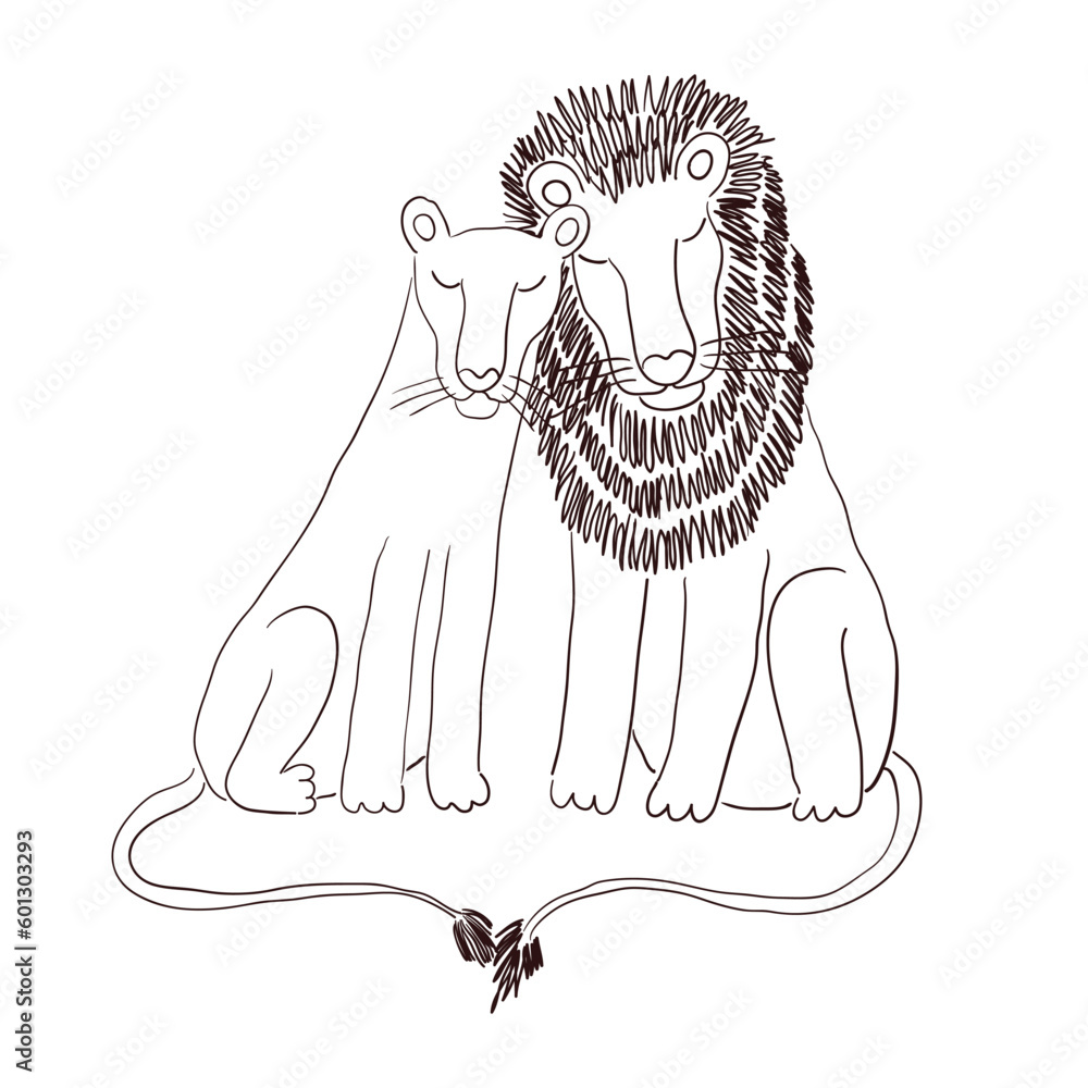 Obraz premium Cute lions together hand drawn cartoon character illustration, sketch. Line art, drawing style design, isolated vector. Tropical animal, jungle wildlife, big cats, safari, nature, print element