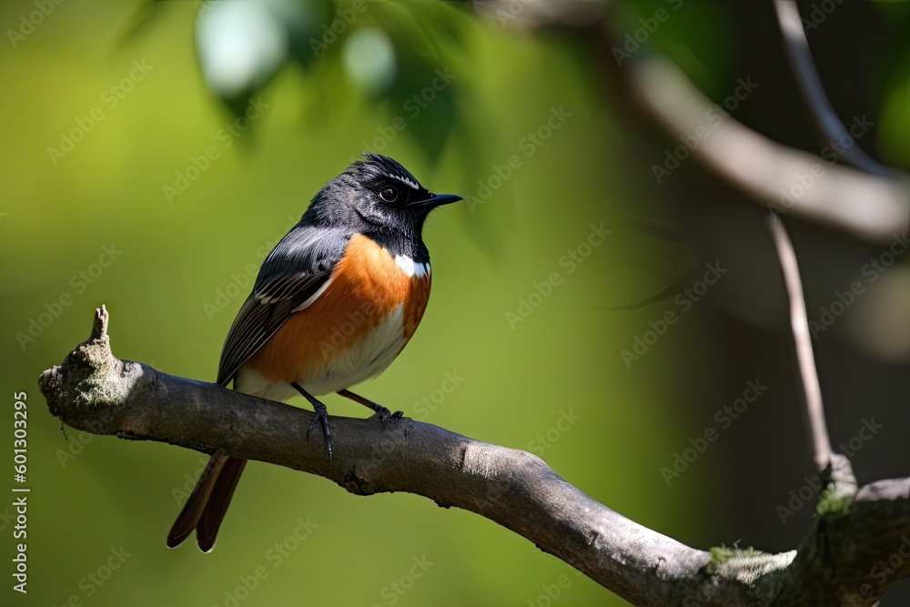 male redstart bird perched on tree branch, looking out over the forest, created with generative ai male redstart bird perched on tree branch, looking out over the forest, created with generative ai