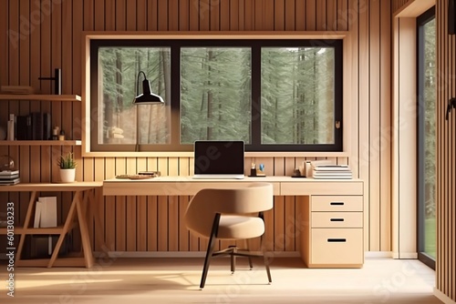 Modern light workroom illustration with wooden paneling.