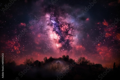 heart-shaped nebula with pink and purple hues against the backdrop of a starry night sky, created with generative ai