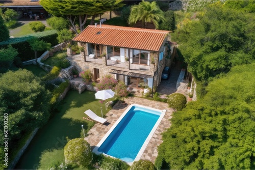 bird's-eye view of elegant mediterranean house, with private swimming pool and lush garden, created with generative ai