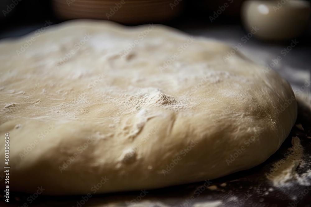 close-up of pizza dough, ready for the toppings and baking, created with generative ai close-up of pizza dough, ready for the toppings and baking, created with generative ai