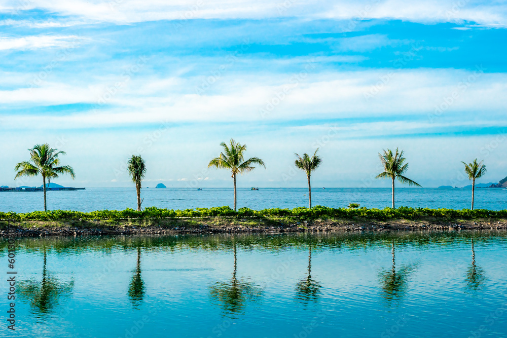 Small island palm tree line sea background. Blue clear ocean skyline. Reflection on water surface Small island palm tree line sea background. Blue clear ocean skyline. Reflection on water surface