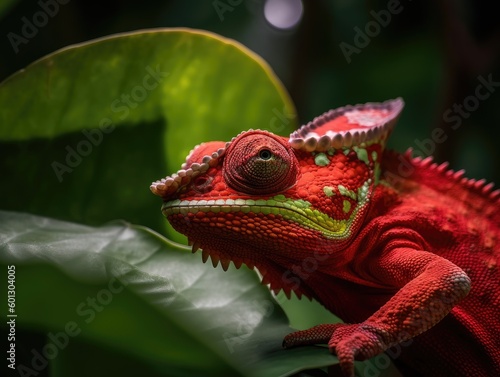 Red Chameleon on a Green Leaf - AI Generated photo