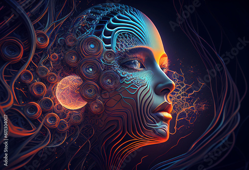 Portrait of a woman with fractal hair going into space. AI genarated