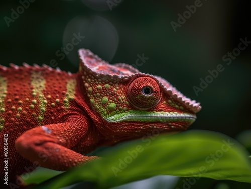 Red Chameleon on a Green Leaf - AI Generated