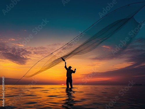 Fisherman Casting Net at Sunset - AI Generated