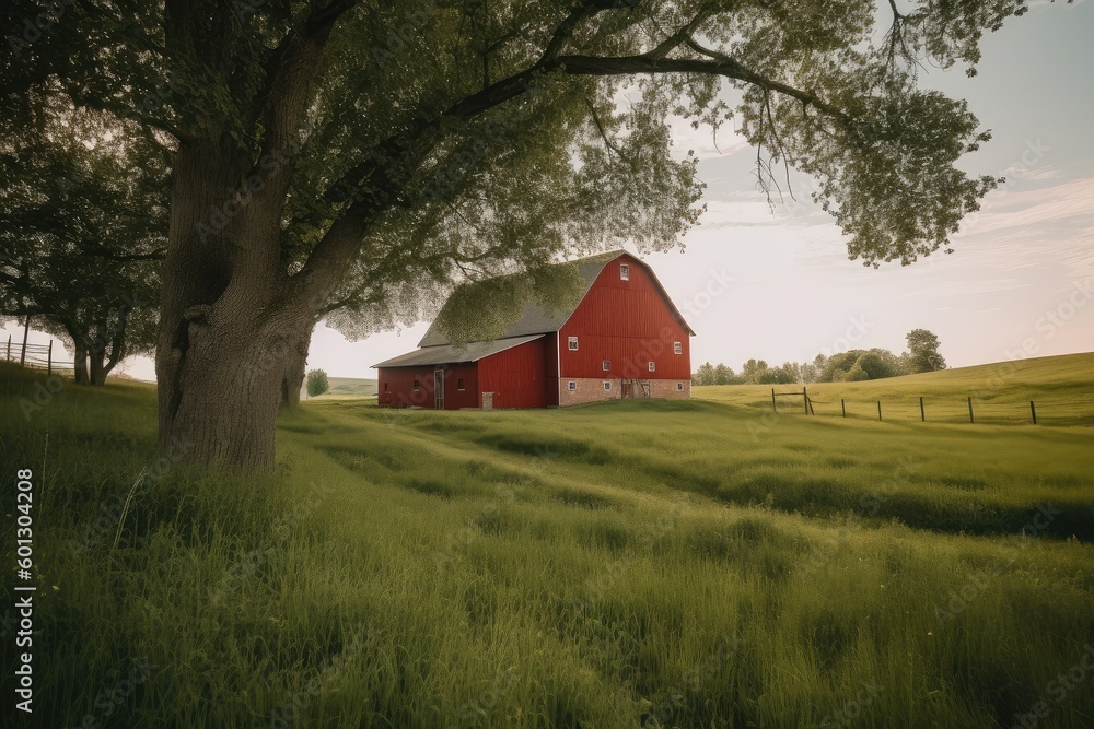 Red Barn in a Serene Countryside - AI Generated