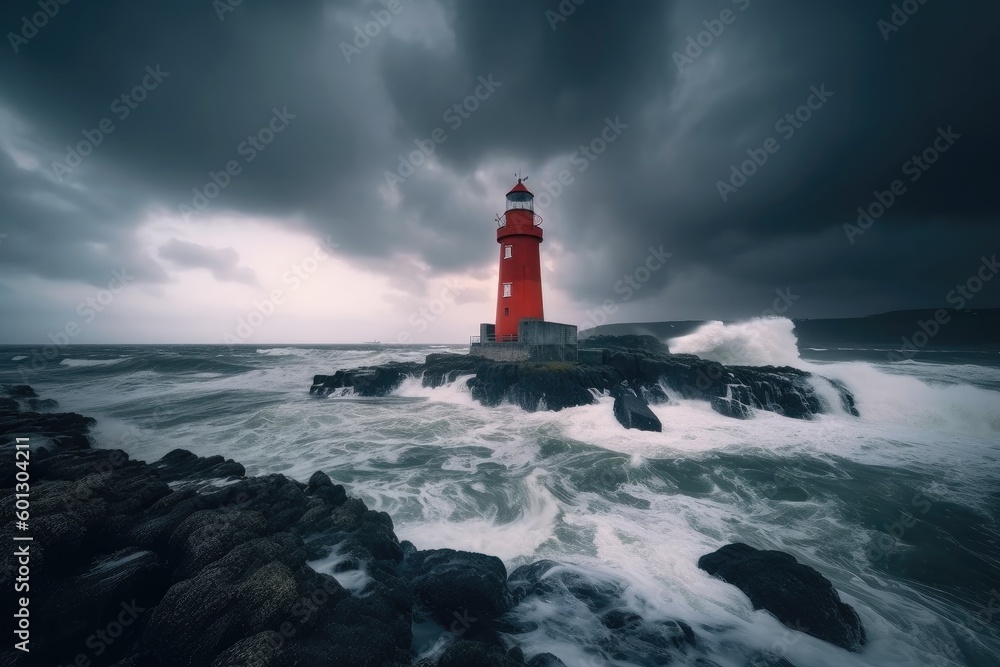 Red Lighthouse on a Rocky Coast during a Stormy Evening - AI Generated