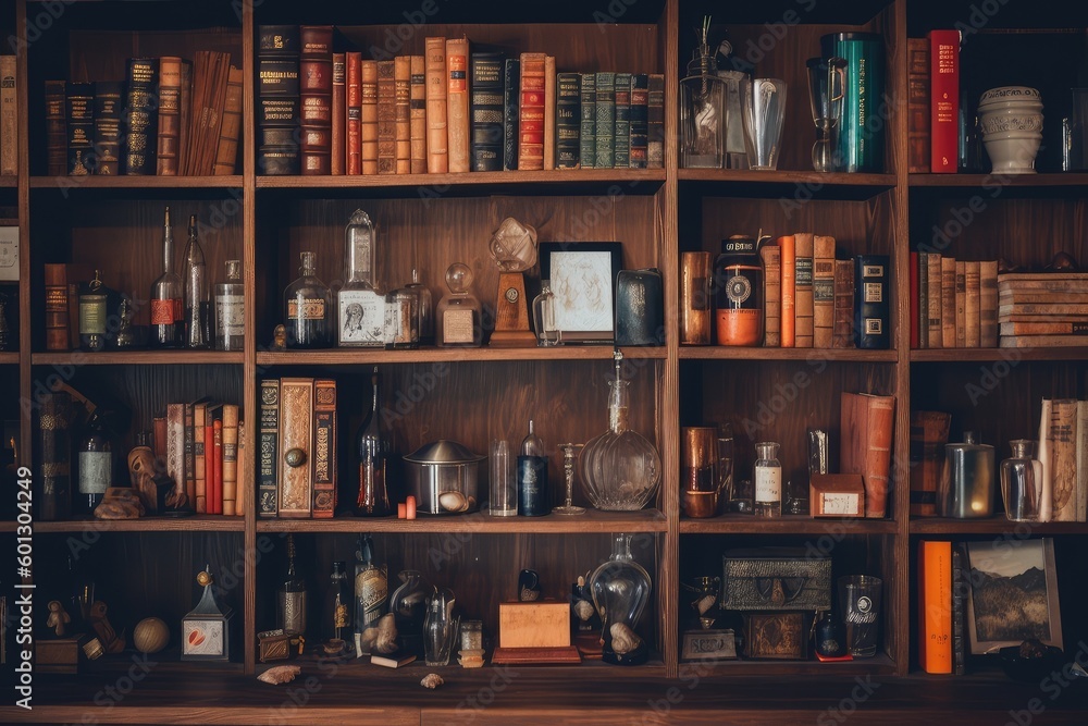 a wooden bookshelf filled with books and knick-knacks, created with generative ai a wooden bookshelf filled with books and knick-knacks, created with generative ai