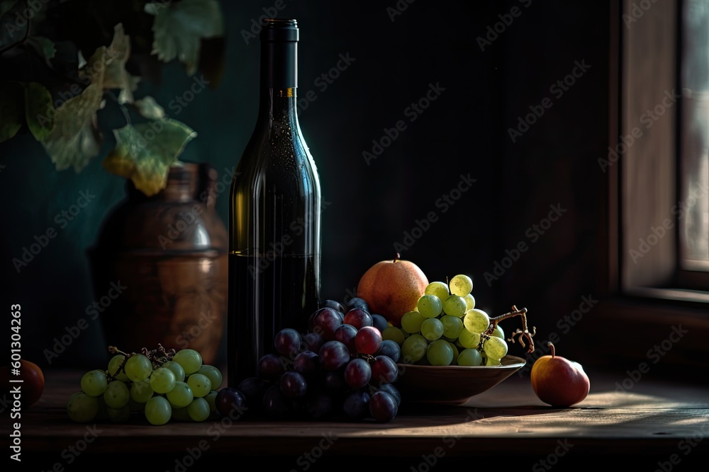 Still Life with Fruits and Vintage Wine Bottle - AI Generated