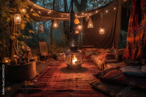 a cozy campsite with a warm fire  surrounded by lanterns and blankets  created with generative ai