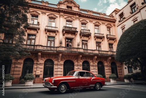 Red Vintage Car Parked in Front of a Charming Old Building - AI Generated © dasom
