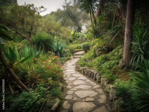 Stone Path Winding through a Vibrant Garden - AI Generated