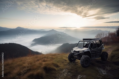 off-road vehicle, backed up against breathtaking mountain range with misty clouds in the background, created with generative ai