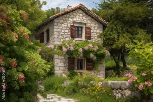 traditional stone house, surrounded by lush greenery and blooming flowers, created with generative ai