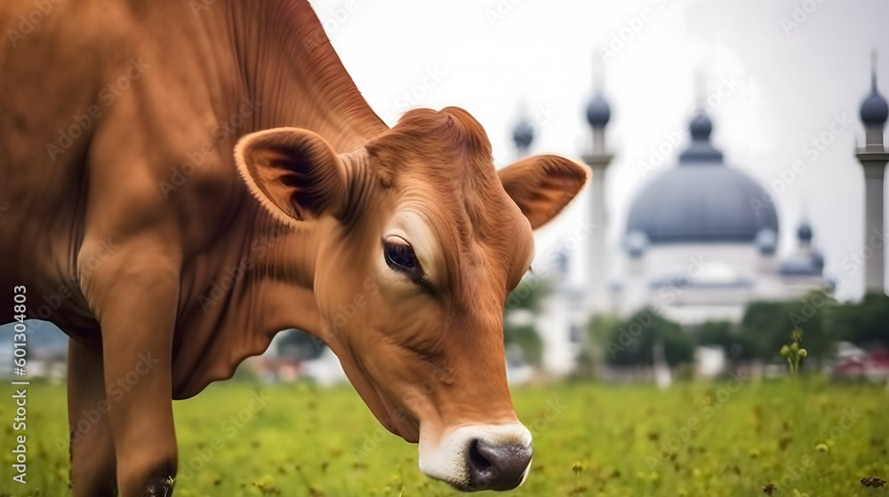A cow with mosque background created using Generative AI Technology 