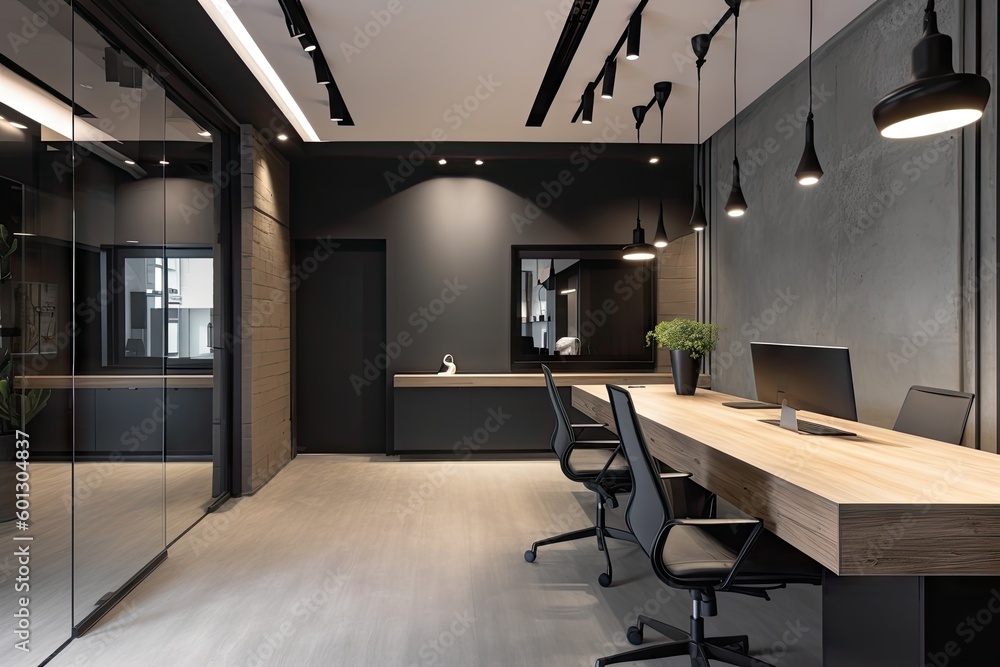 office with sleek, modern and minimalist design, incorporating sleek furniture and tech gadgets, created with generative ai