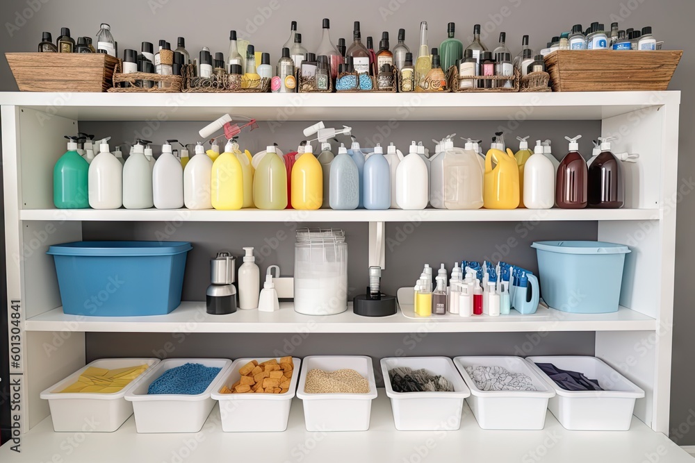 cleaning supplies arranged in tidy and organized display, created with generative ai cleaning supplies arranged in tidy and organized display, created with generative ai