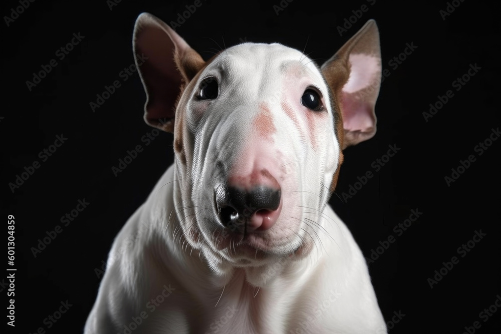 Cute dog bull terrier on a black background, created with Generative AI.