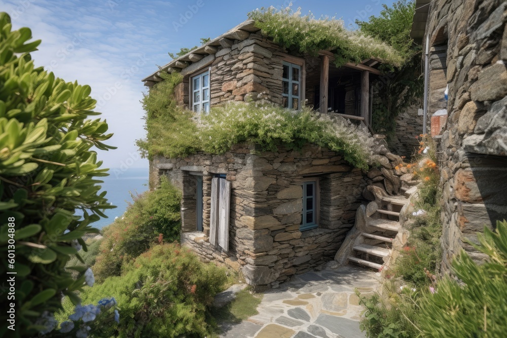 rustic stone house, surrounded by lush greenery, overlooking the sea, created with generative ai