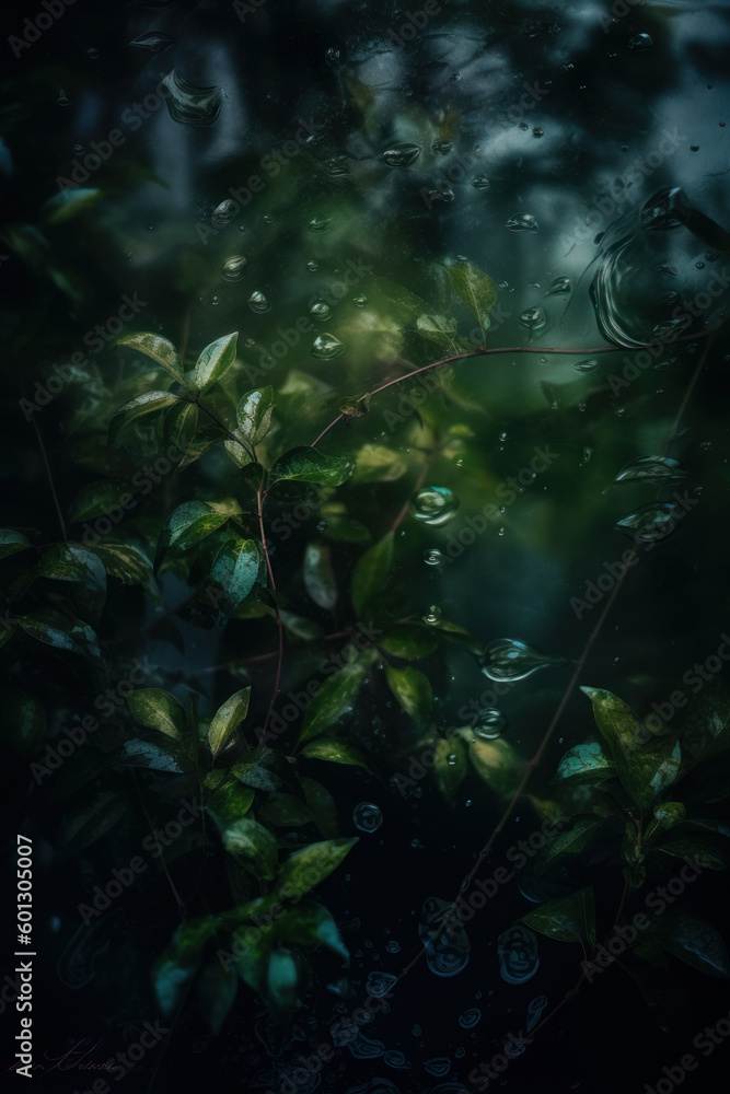 A dark, atmospheric photo. The beauty of plants against a rainy window. Abstract interplay of nature and weather. The wet, dark green plants. Cold outside with green ferns and leaves. Generative AI. A dark, atmospheric photo. The beauty of plants against a rainy window. Abstract interplay of nature and weather. The wet, dark green plants. Cold outside with green ferns and leaves. Generative AI.