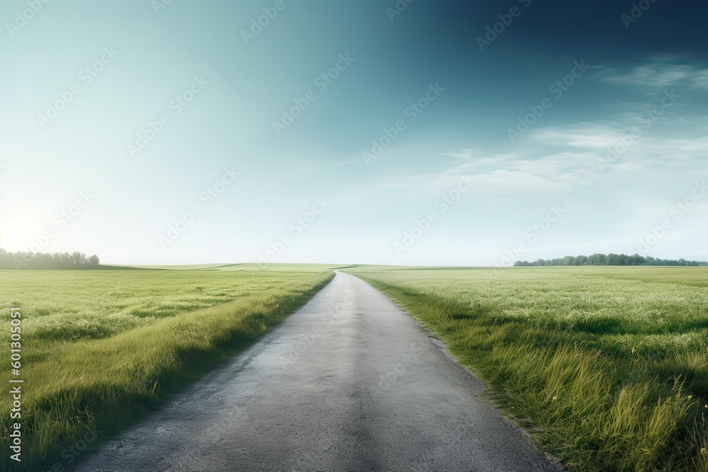 The landscape of grass fields and blue sky road leading off into the distance. Generative Ai.