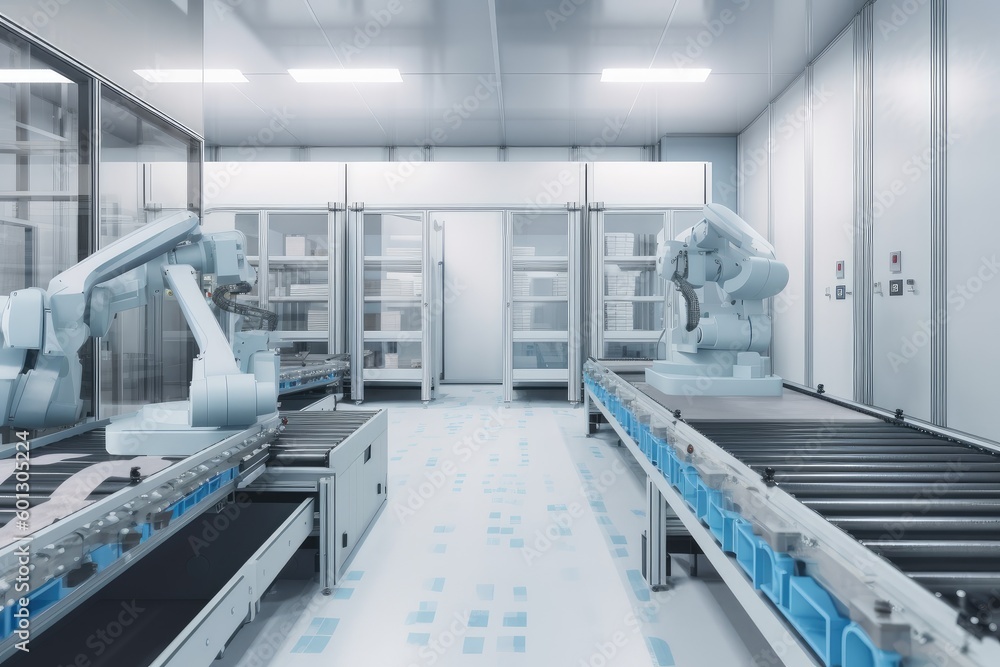 Obraz premium packaging and sorting robots in futuristic, high-tech factory, created with generative ai