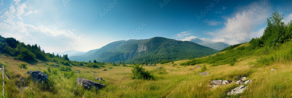 summer panorama of the field and the blue sky in the mountains. High quality Generative AI