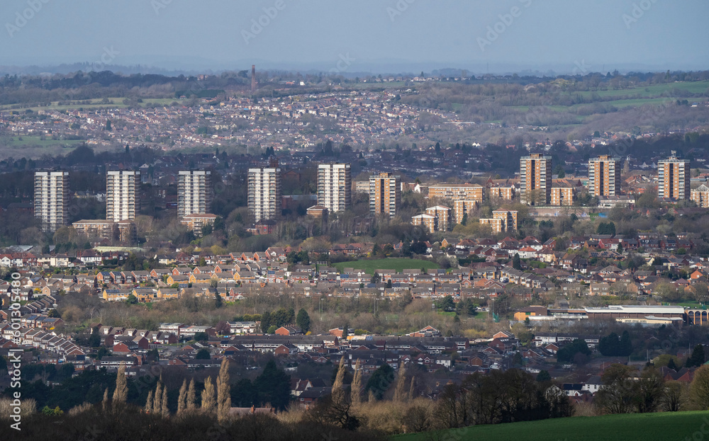 Wide generic aerial view of the West Midlands in England with tower blocks and homes