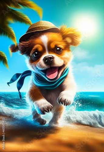 Happy puppy in glasses runs along the seashore. AI genarated © StockMediaProduction
