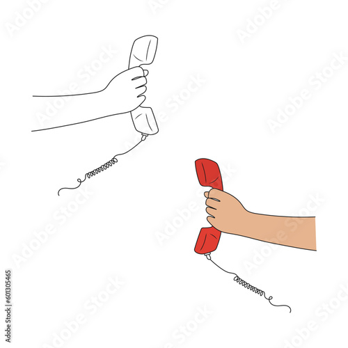 Hand holding handset of vintage landline phone. Line art. Hand drawn vector illustration.