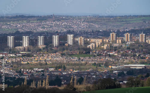 Wide generic aerial view of the West Midlands in England with tower blocks and homes
