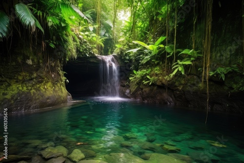tropical waterfall cascading into a tranquil pool of water, created with generative ai