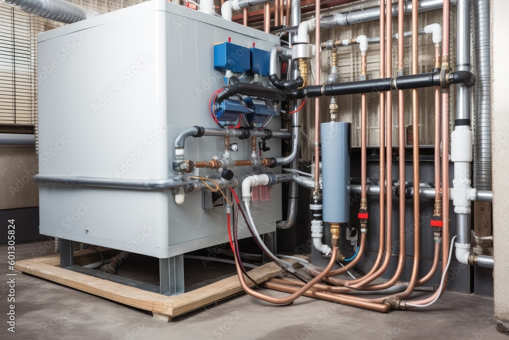 a geothermal heat pump system, with water circulating and being heated ...