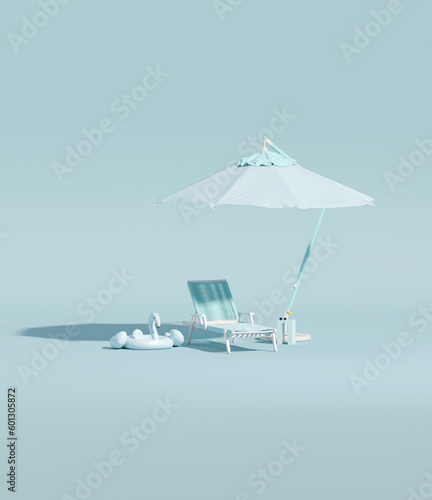 Beach umbrella with chairs and beach accessories  inflatable flamingo on pastel blue background. Summer vacation travel concept. Trendy 3d render for social media banners  promotion. summer vibe