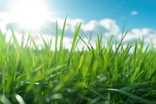 Green grass in the foreground. Blurred sky. Beautiful illustration picture. Generative AI