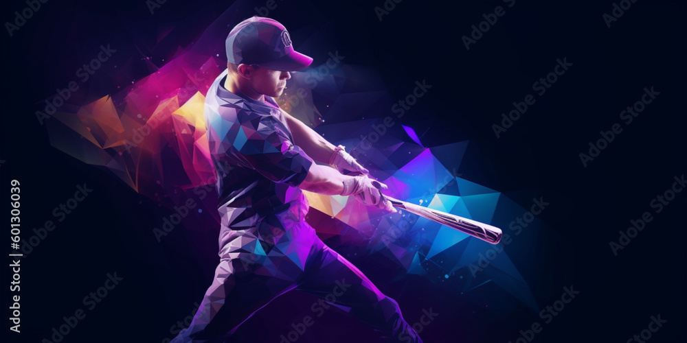 Fototapeta premium Artwork poster or flyer, One professional baseball player in motion and action with bat isolated on dark background with polygonal and fluid neoned elements