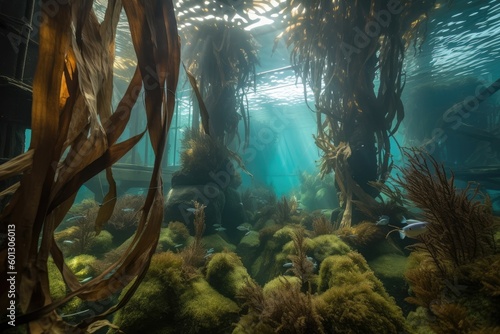 kelp forest underwater garden with schools of fish  octopus and other marine creatures  created with generative ai