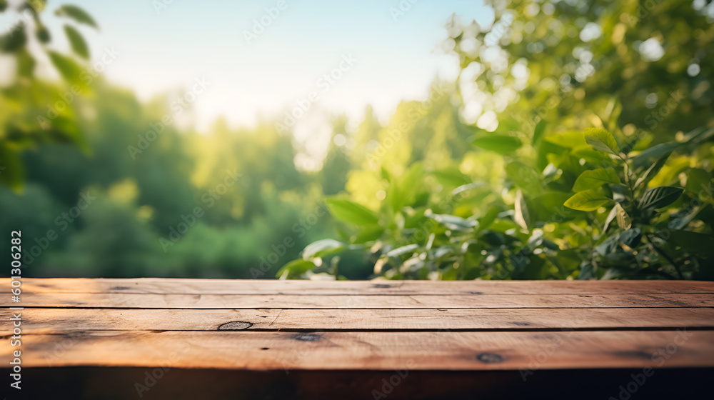Wooden table with nature background, empty table for product images | AI generated Wooden table with nature background, empty table for product images | AI generated